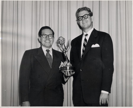 In 1952, Daws Butler (l) and Stan Freberg show off their fourth Emmy Award for Best Children's Program, 