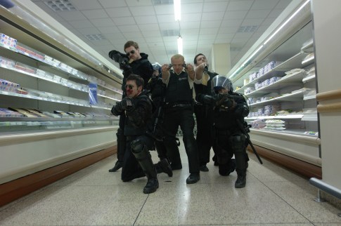 Still of Paddy Considine, Nick Frost, Simon Pegg, Rafe Spall and Olivia Colman in Hot Fuzz (2007)