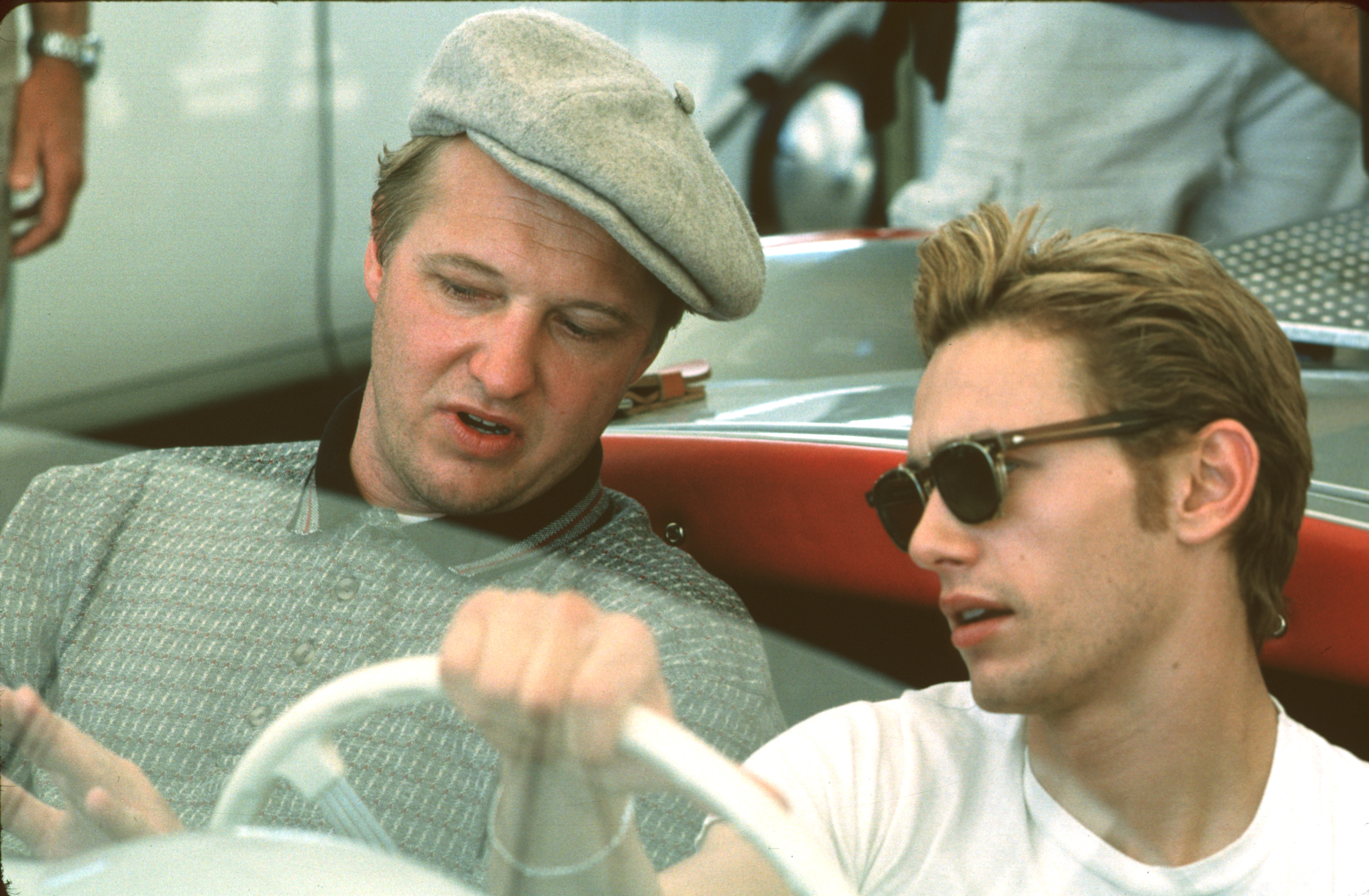 Guido Foehrweisser alias Porsche Racing Mechanic Rolf Wuetherich with James Franco alias James Dean in the legendary Porsche 550 Spyder on there way to the Races in Salinas for the Movie 