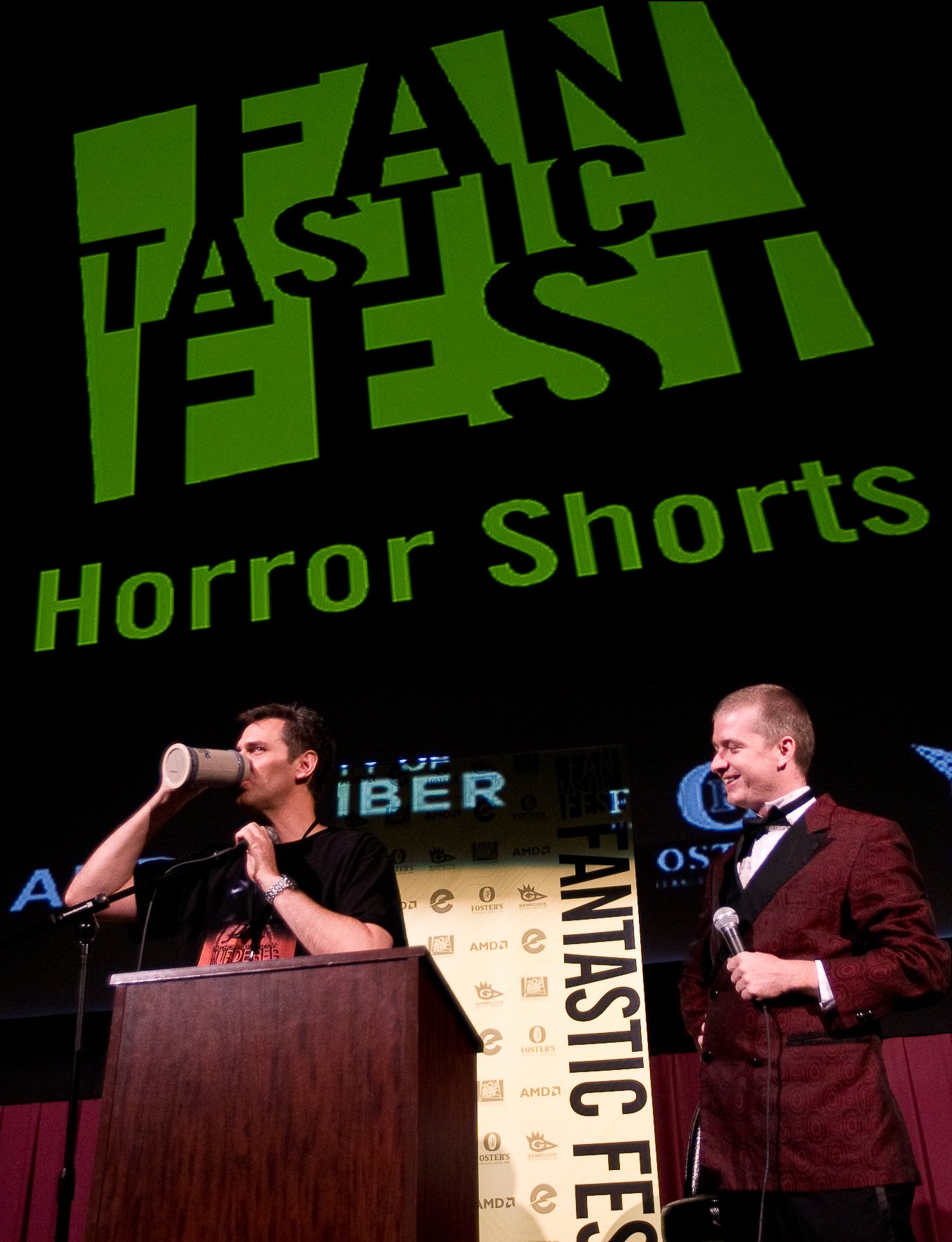 Richard Gale accepts a Special Jury Prize from Tim League at Fantastic Fest for The Horribly Slow Murderer with the Extremely Inefficient Weapon. At the Alamo Drafthouse, Austin, Texas.