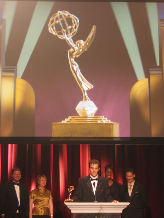 Richard Gale gives his acceptance speech at the 57th Los Angeles Area Emmy Awards, winning the Emmy for Outstanding Cable TV Program. Gale has won three Emmys and received six nominations.