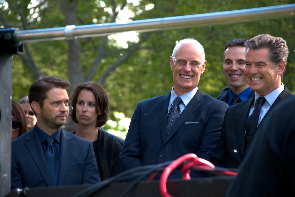 Brian Gary with Matt Frewer and Pierce Brosnan shooting the funeral scene from Bag of Bones.