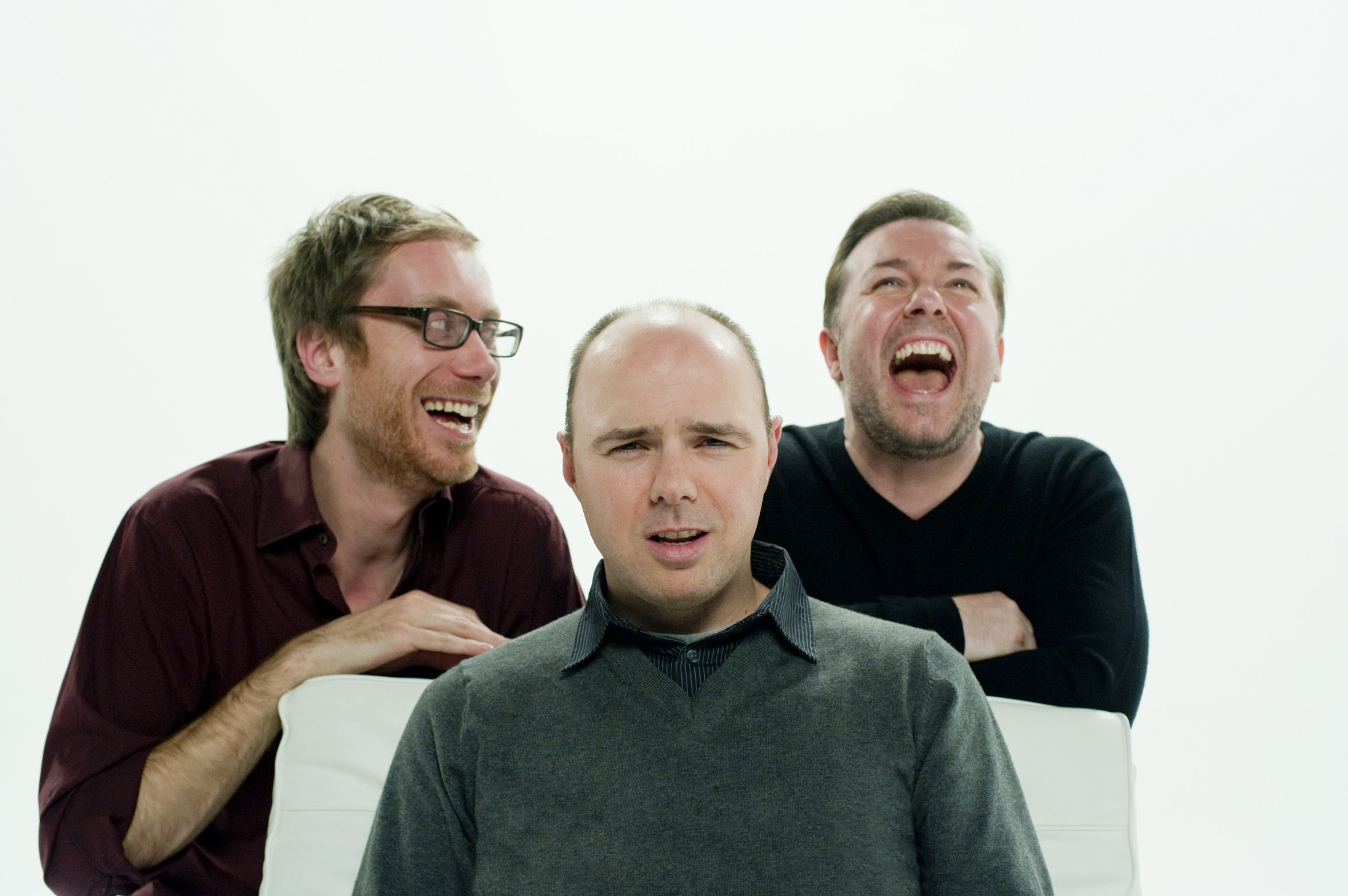 Still of Ricky Gervais, Stephen Merchant and Karl Pilkington in The Ricky Gervais Show (2010)
