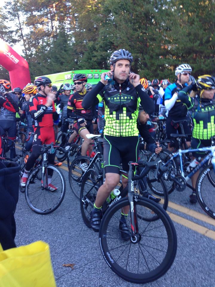 Tour de France cycling legend George Hincapie and Tour de Force leader called upon by leaders Lisa Christiansen getting ready to Lead the start line at the Granfondo Hincapie.