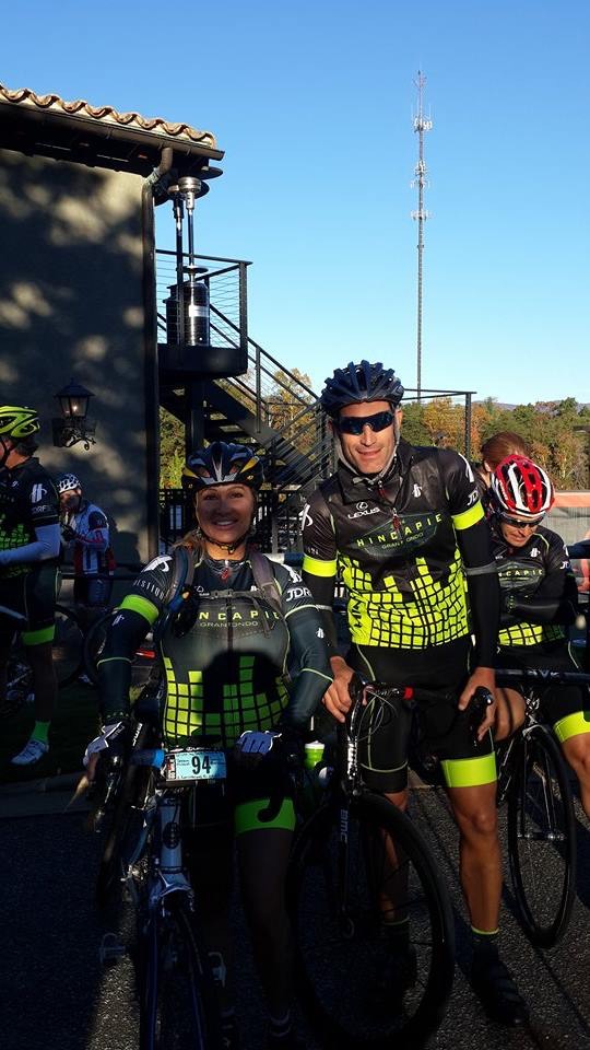 Tour de France cycling legend George Hincapie and Tour de Force leader called upon by leaders Lisa Christiansen getting ready to head for the start line at the Granfondo Hincapie.