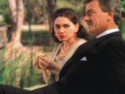 (left to right) Actors Karen-Eileen Gordon and Eric Braeden on-set in Miami during the filming of a Gloria Vanderbilt clothing commercial