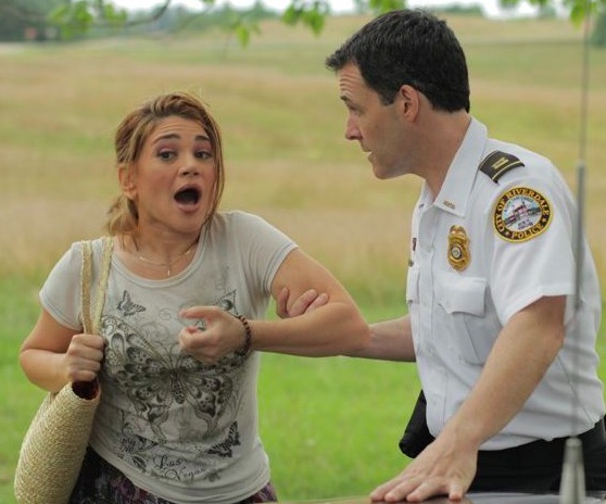(left to right) Lead actress Karen-Eileen Gordon as TAMMY and Rob Pralgo as the POLICE OFFICER, filming the indie feature comedy A FREE BIRD