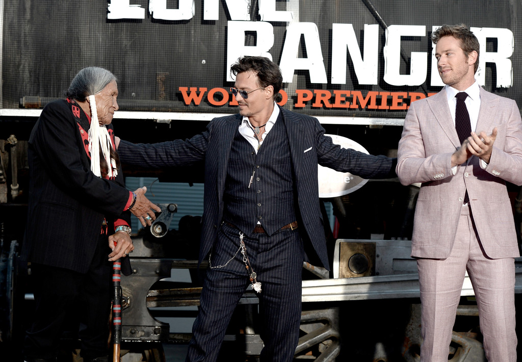 Saginaw Grant, Johnny Depp and Armie Hammer at The Lone Ranger movie premiere July 2013 California Adventure, Anaheim, CA