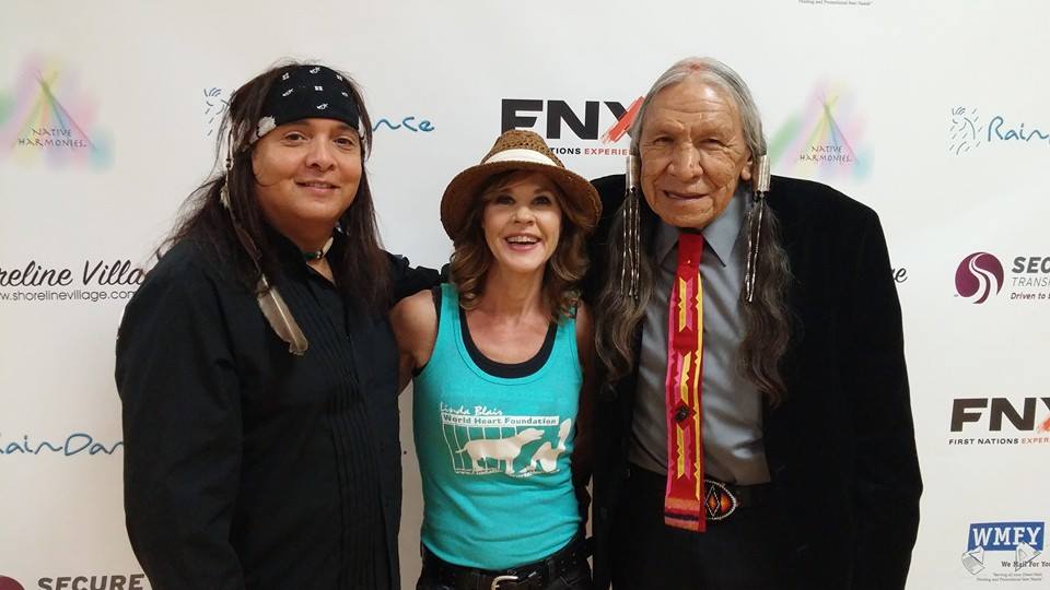 Grammy Award finalist Jimmy Lee Young, actress Linda Blair and Saginaw Grant at Native Harmonies Native American Music Festival 2014 Long Beach, CA