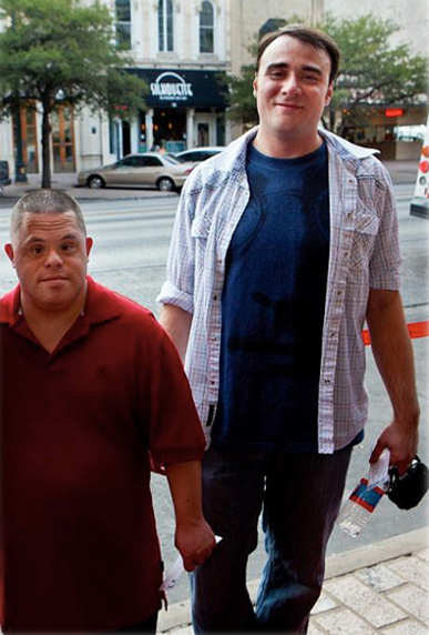 L-R: Childhood friends Rene Moreno (Up Syndrome) and director Duane Graves arrive at the world premiere of the 2011 remake of Richard Linklater's SLACKER, Paramount Theater Austin, August, 2011