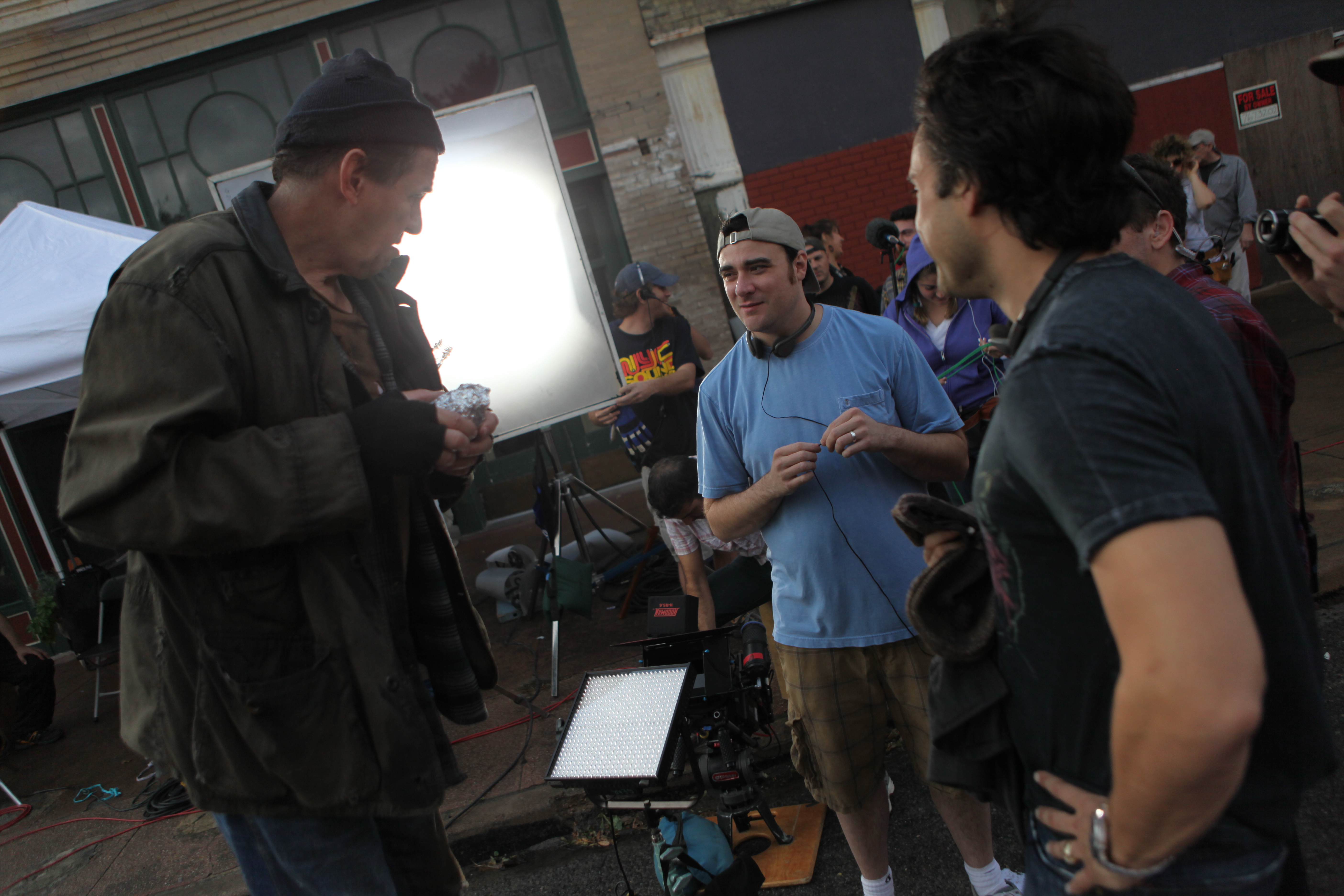 L-R: Actor Ed Neal (The Texas Chain Saw Massacre, Future Kill), co-directors Duane Graves and Justin Meeks on set of the horror feature BUTCHER BOYS, November, 2010