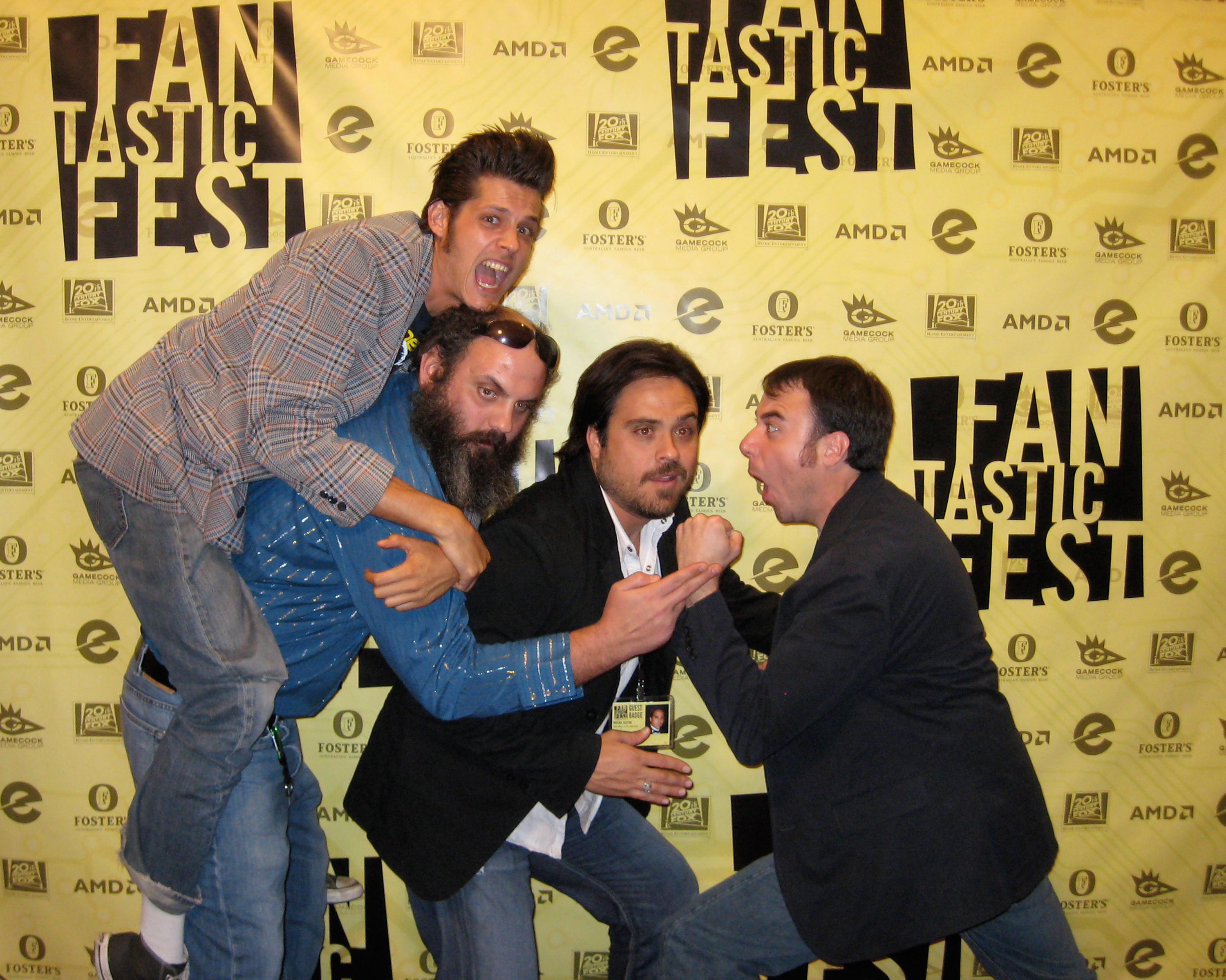 L-R: Actors Charlie Hurtin, Tony Wolford and co-directors Justin Meeks and Duane Graves at the regional premiere of THE WILD MAN OF THE NAVIDAD, Fantastic Fest 2008, Austin, Texas