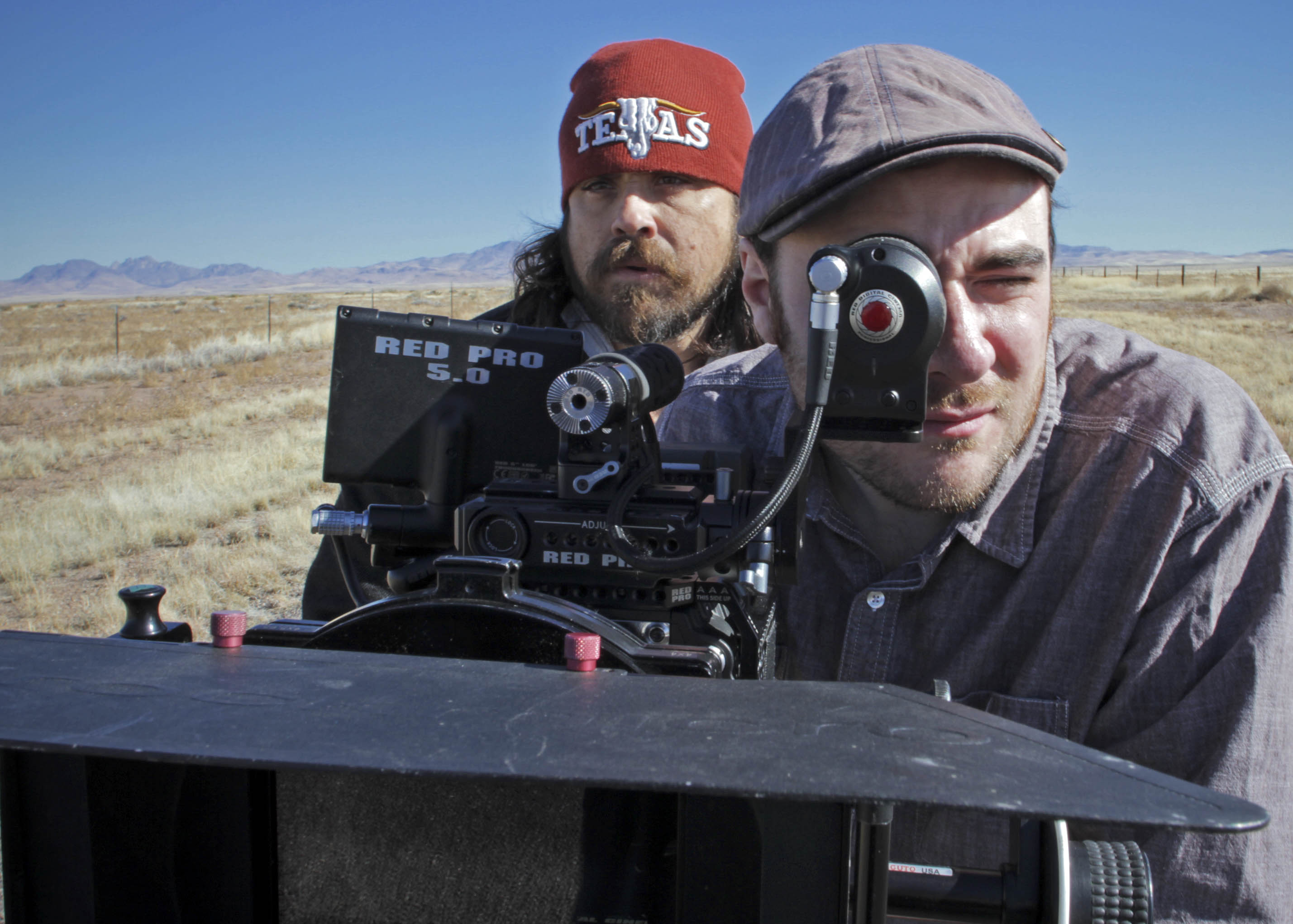 (L-R) Co-writer/directors Justin Meeks and Duane Graves on location for RED ON YELLA, KILL A FELLA, December, 2013