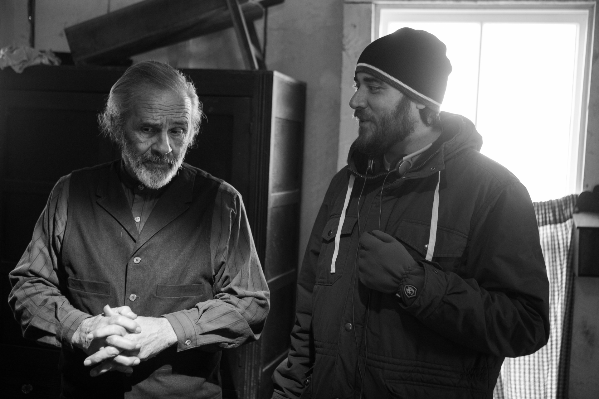 L-R: Pepe Serna (Scarface, American Me, Fandango) discusses a scene with co-director Duane Graves on set of his dark western RED ON YELLA, KILL A FELLA, December, 2012