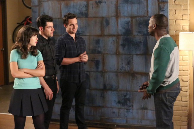 Still of Zooey Deschanel, Max Greenfield, Lamorne Morris and Jake Johnson in New Girl (2011)