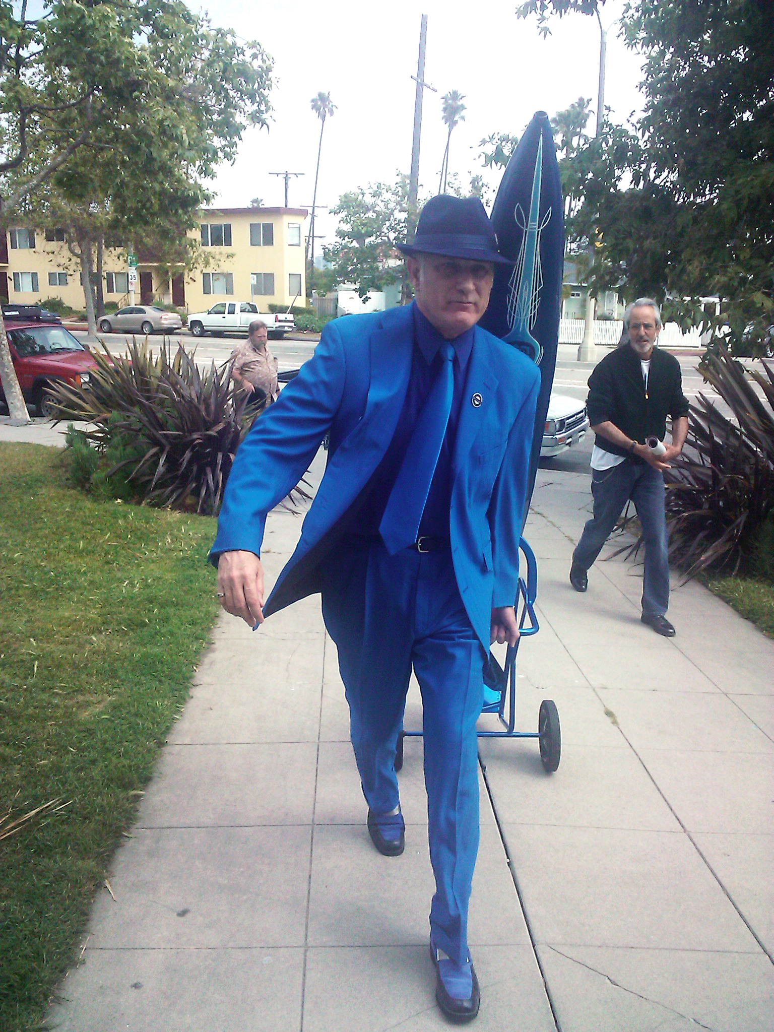 April 25, 2010. S.A. Griffin arriving at Beyond Baroque in Venice, California with Elsie The Poetry Bomb during his Poetry Bomb Couch Surfing Across America Tour of Words 2010.