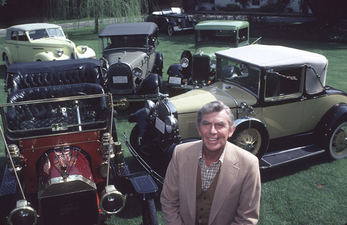 Andy Griffith and his Ford Model T,1930 Model A Cabriolet,1938 Buick Coupe Convertible, 1928 Ford Phaeton,1934 Ford Pickup,1938 Buick Special, at his Toluca Lake Home in CA. 1979