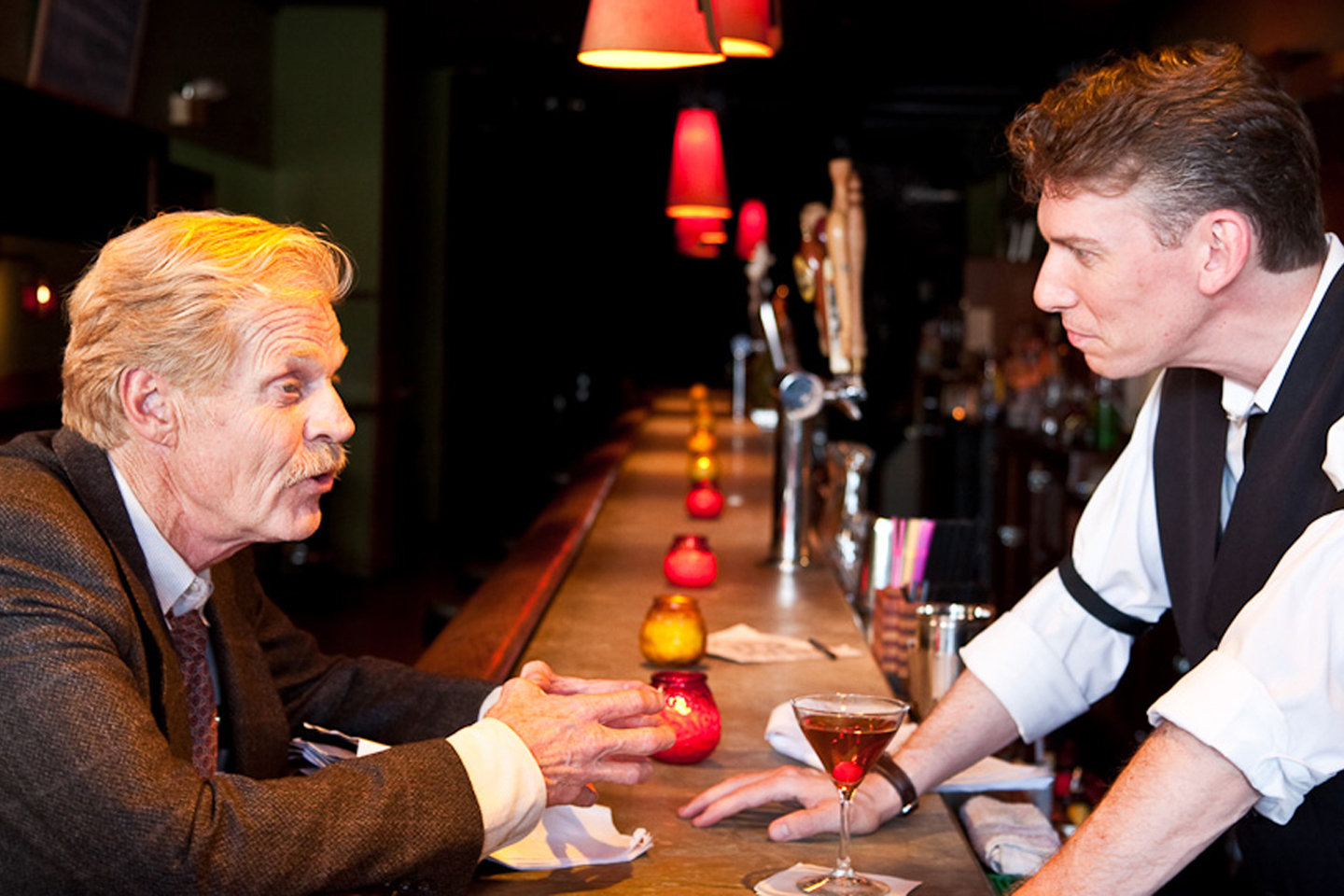 William (Danny Goldring) explains to Jimmy (Lawrence Grimm) about the modern state of being.