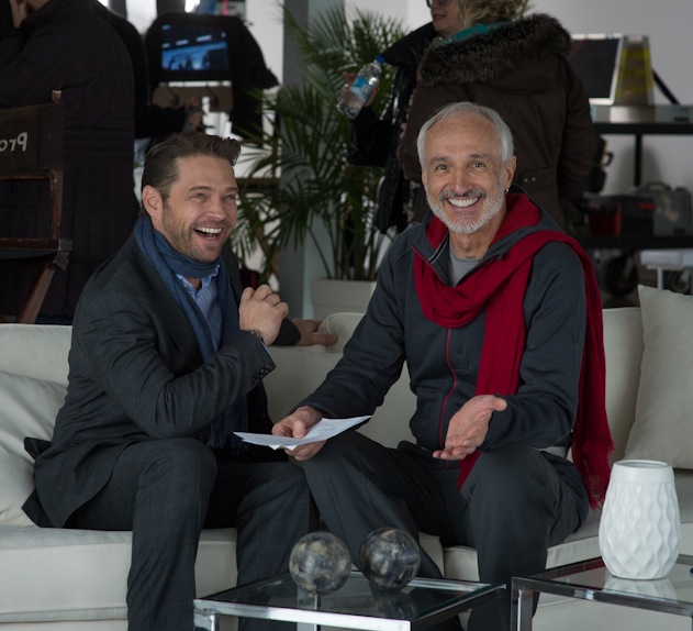Jason Priestly and Michael Gross on the set of 