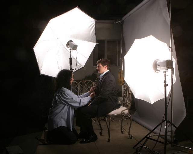 A lighting set up of mine, Producer Natalie Noel prepping Singer Andrew Bennett for a portrait.