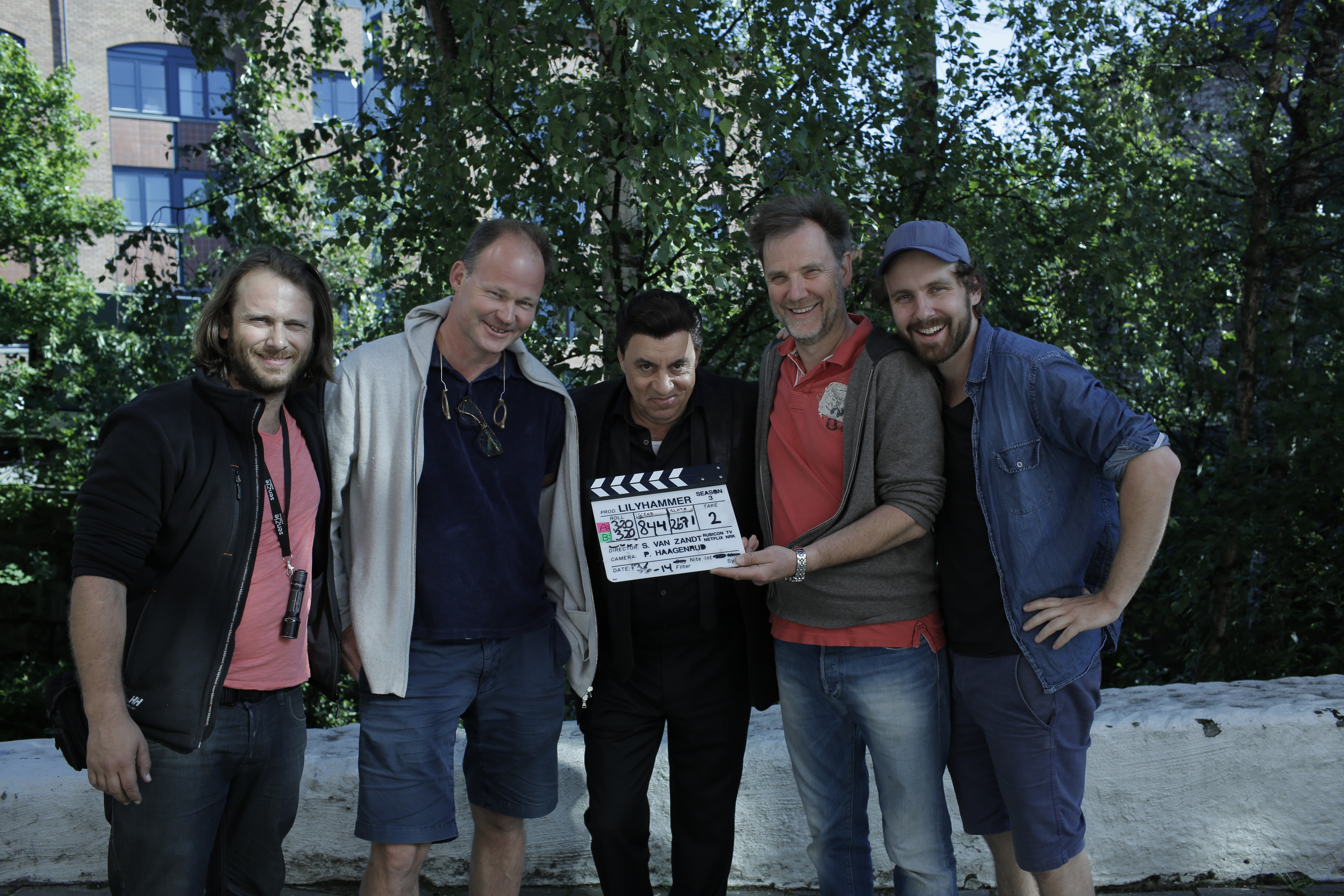 Lilyhammer Season 3. Wrap on Episode 8 with Director Steven Van Zandt. Camera crew from left Philip Borgli, Anders Legaard, Pål Buggge Haagenrud and Håvar Karlsen