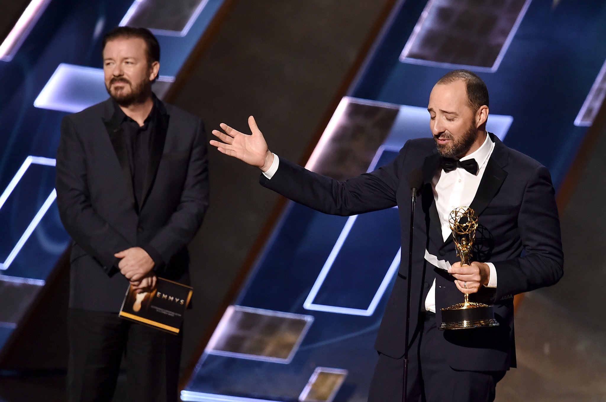 Ricky Gervais and Tony Hale at event of The 67th Primetime Emmy Awards (2015)