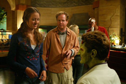 (L-R): Behind the scenes with Winifred (Amy Acker), Joss Whedon, and Lorne (Andy Hallett) in 