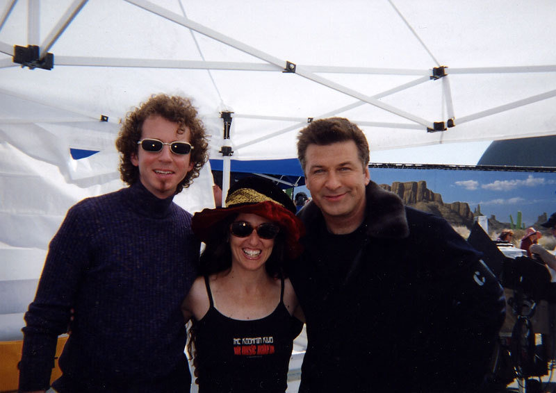 Alec Baldwin with Michael Glover and Robyn Rosenkrantz (aka Bright Blue Gorilla) on the set of The Last Shot.