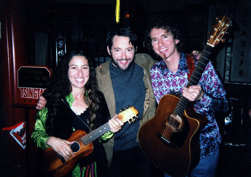 Matthew Broderick with Robyn Rosenkrantz and Michael Glover (aka Bright Blue Gorilla) filming The Last Shot.