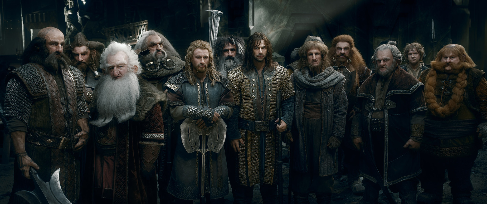 Still of Jed Brophy, John Callen, Mark Hadlow, Peter Hambleton, William Kircher, Sylvester McCoy, Graham McTavish, Dean O'Gorman, Ken Stott, Stephen Hunter, Bret McKenzie and Aidan Turner in Hobitas: Penkiu armiju musis (2014)