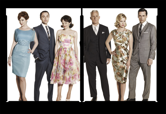 Still of January Jones, Elisabeth Moss, Jon Hamm, Christina Hendricks, Vincent Kartheiser and John Slattery in MAD MEN. Reklamos vilkai (2007)