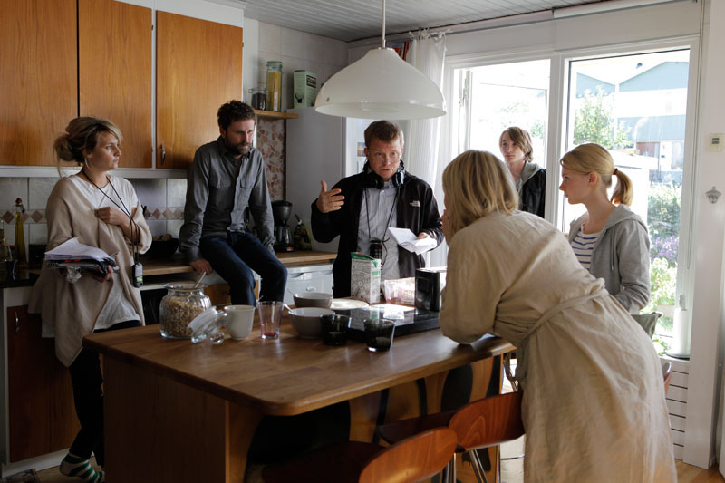 Director Harald Hamrell - middle - with actors Shanti Roney and Frida Hallgren on the set, shooting Arne Dahl: Misterioso.