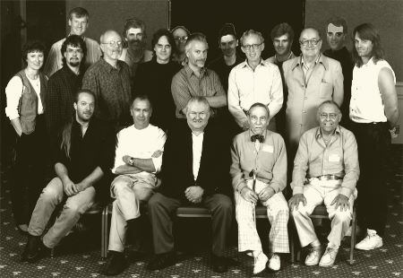 Stanley Newton's photo of the September 12, 1996 Dick Smith Tribute (all rows from left): Front - Greg Nicotero of KNB EFX Group, Robert Short, Bob Burns, Harry Thomas (d. 1996), Abe Haberman (d. 1998). Middle - Estelle Shay of CINEFEX, Kevin Haney, Don Post, Jr., Bill Malone, Rick Baker, Dick Smith, Forrest J. Ackerman, Todd Tucker. Back - Don Shay of CINEFEX, Craig Reardon, Stuart Ziff, Kate Studley, Alec Gillis of ADI, Tom Woodruff of ADI