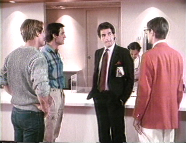 TV, NBC series RIPTIDE - as very successful businessman Jordan Young, seen here with actors Perry King, Joe Penny and Thom Bay