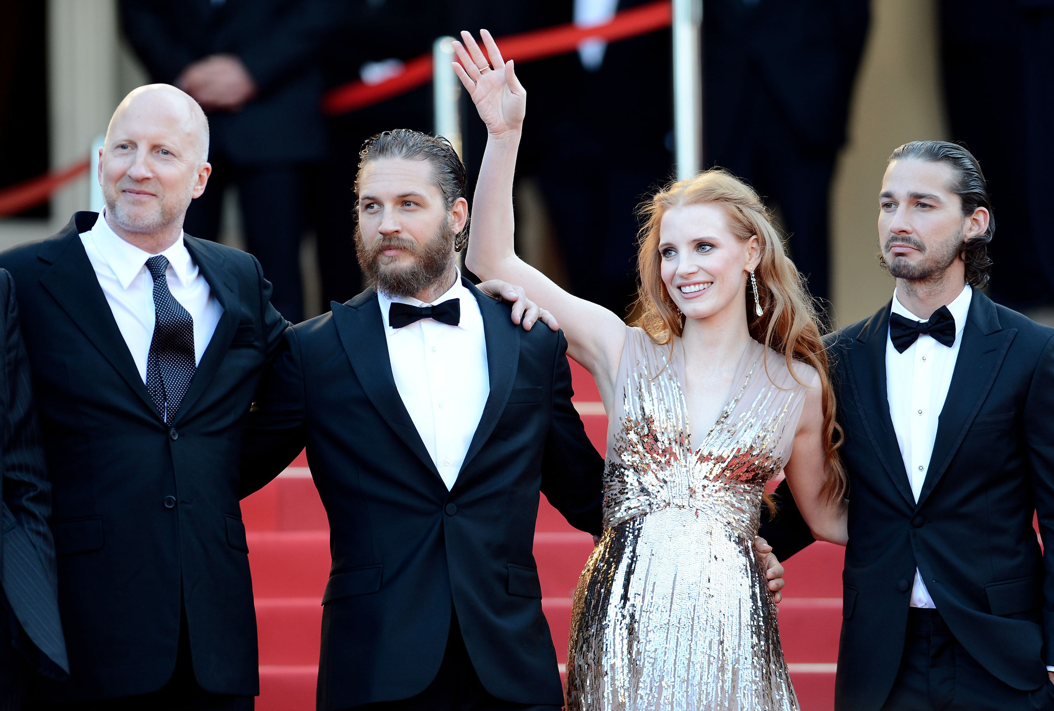 Tom Hardy, John Hillcoat, Shia LaBeouf and Jessica Chastain at event of Virs istatymo (2012)