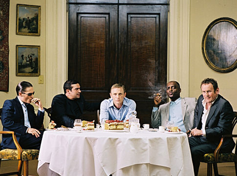 Far left, Tom Hardy as Clarkie; center left, Tamer Hassan as Terry; center, Daniel Craig as XXXX; center right, George Harris as Morty; far right, Colm Meaney as Gene