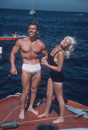 Jane Mansfield and her husband Mickey Hargitay on their, way to Catalina. July 22, 1957