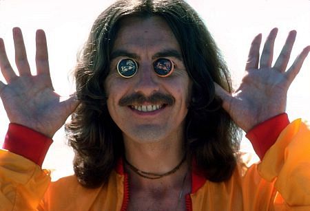 George Harrison having fun with eyecovers in Acapulco, January 1977