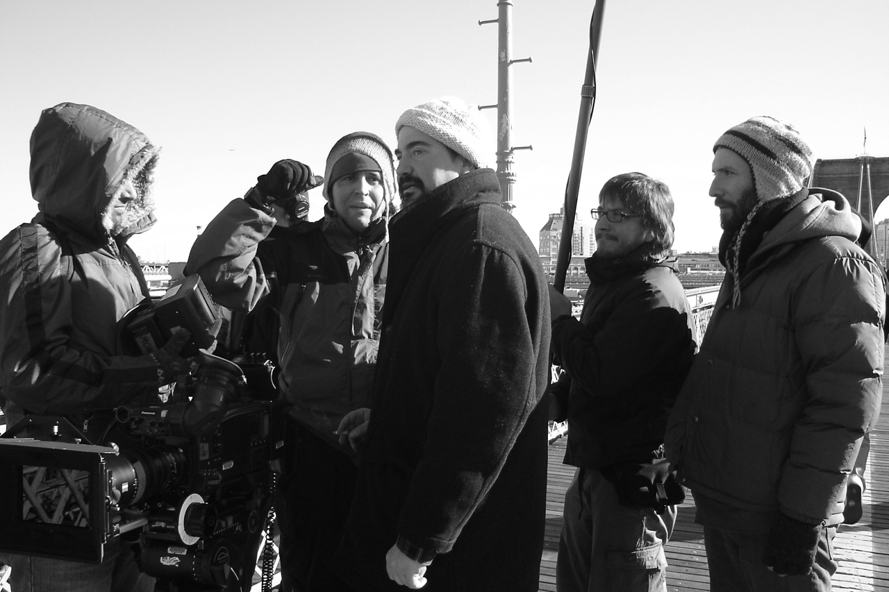 JJ Harting and crew filming on Brooklyn Bridge, New York City.