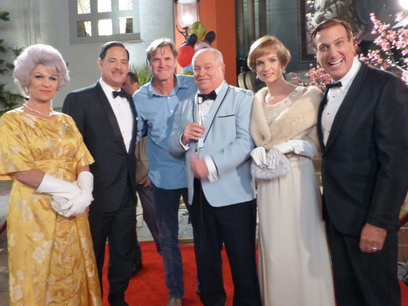 At the Chinese Theatre on the set of 'Saving Mr. Banks' (2013). Pictured from L to R: Dendrie Taylor, Tom Hanks, Director John Lee Hancock, Jerry Hauck, Victoria Summers, and Kristopher Kyer.