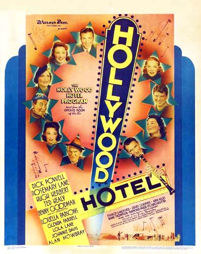 Hugh Herbert, Johnnie Davis, Glenda Farrell, Benny Goodman, Ted Healy, Lola Lane, Rosemary Lane, Louella Parsons and Dick Powell in Hollywood Hotel (1937)