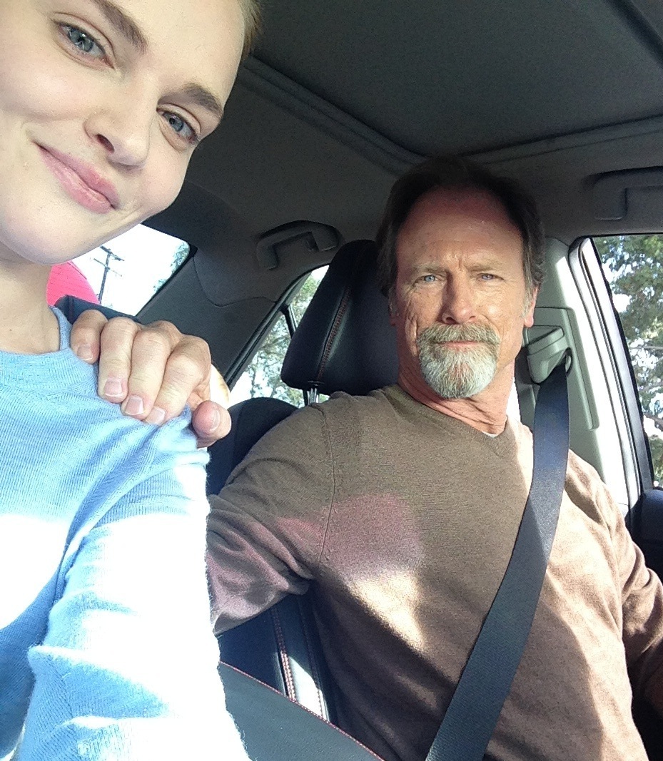 Louis Herthum and Madeline Brewer on the set of 