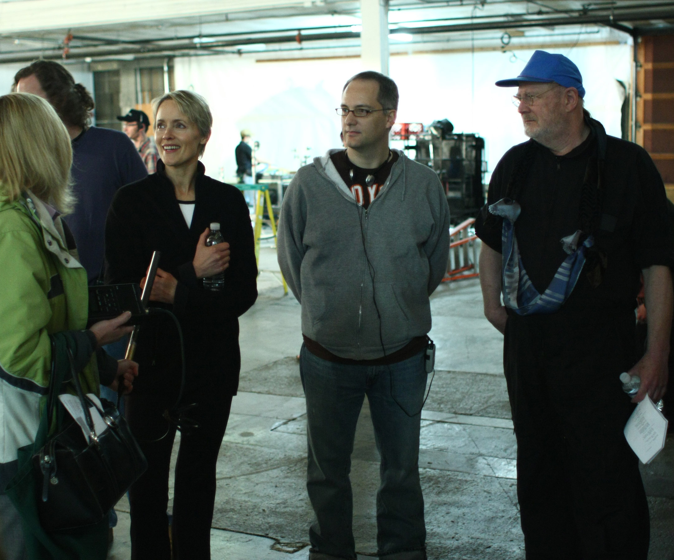 Susan Hess Logeais, Director Sam Hull, and co-star David Ogden Stiers on the set of Not Dead Yet.