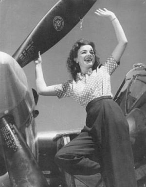 Barbara Hippe (with hair by Dotha Hippe) as Miss P-38 for Lockheed promotional film circa 1944.