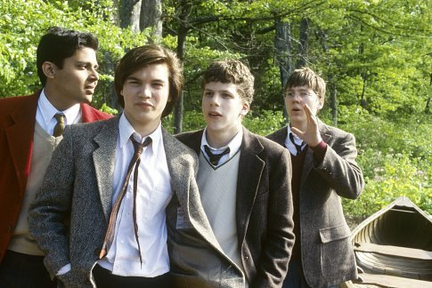 Sedgewick Bell (EMILE HIRSCH, 2nd from left) persuades classmates (left to right) Deepak Mehta (RISHI MEHTA), Fred Masoudi (JESSE EISENBERG) and Martin Blythe (PAUL DANO) to break the rules.