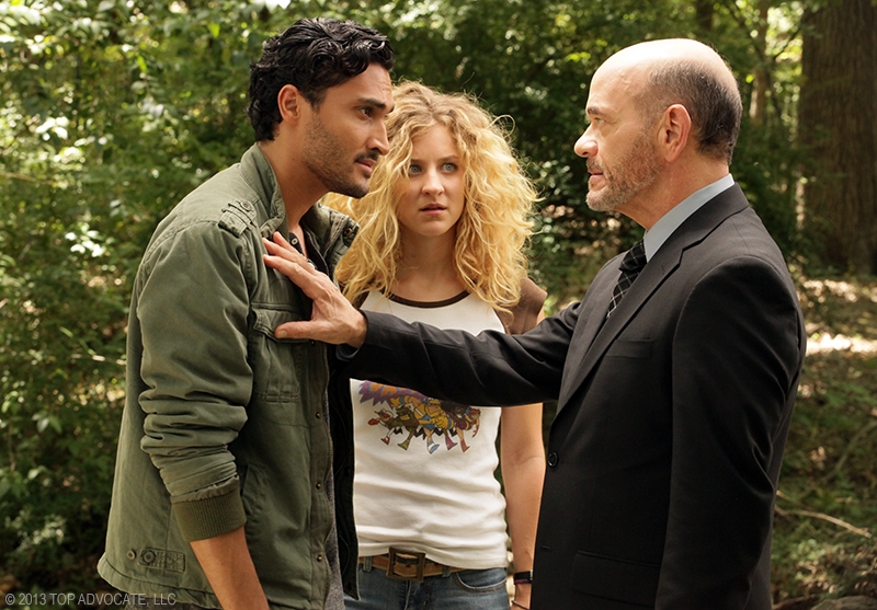 Still from Infiltrators (2013) Hallee Hirsh as Micki Thorne with Johnny Cruz and Robert Picardo