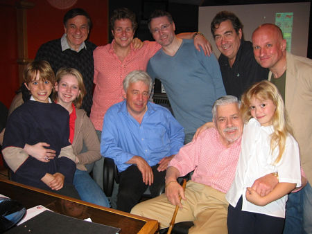 Back row: Richard M. Sherman, Michael Ball, Robert Scott, David Henry Turnbull, Graham Hoadly; Front row: George Gillies, Emma Williams, Chris Walker, Robert B. Sherman, Carrie Fletcher. Photo taken at Phoenix Sound Studio during the Original Cast Recordings of Chitty Chitty Bang Bang, the Stage Musical. June 2002, Wembley, England.