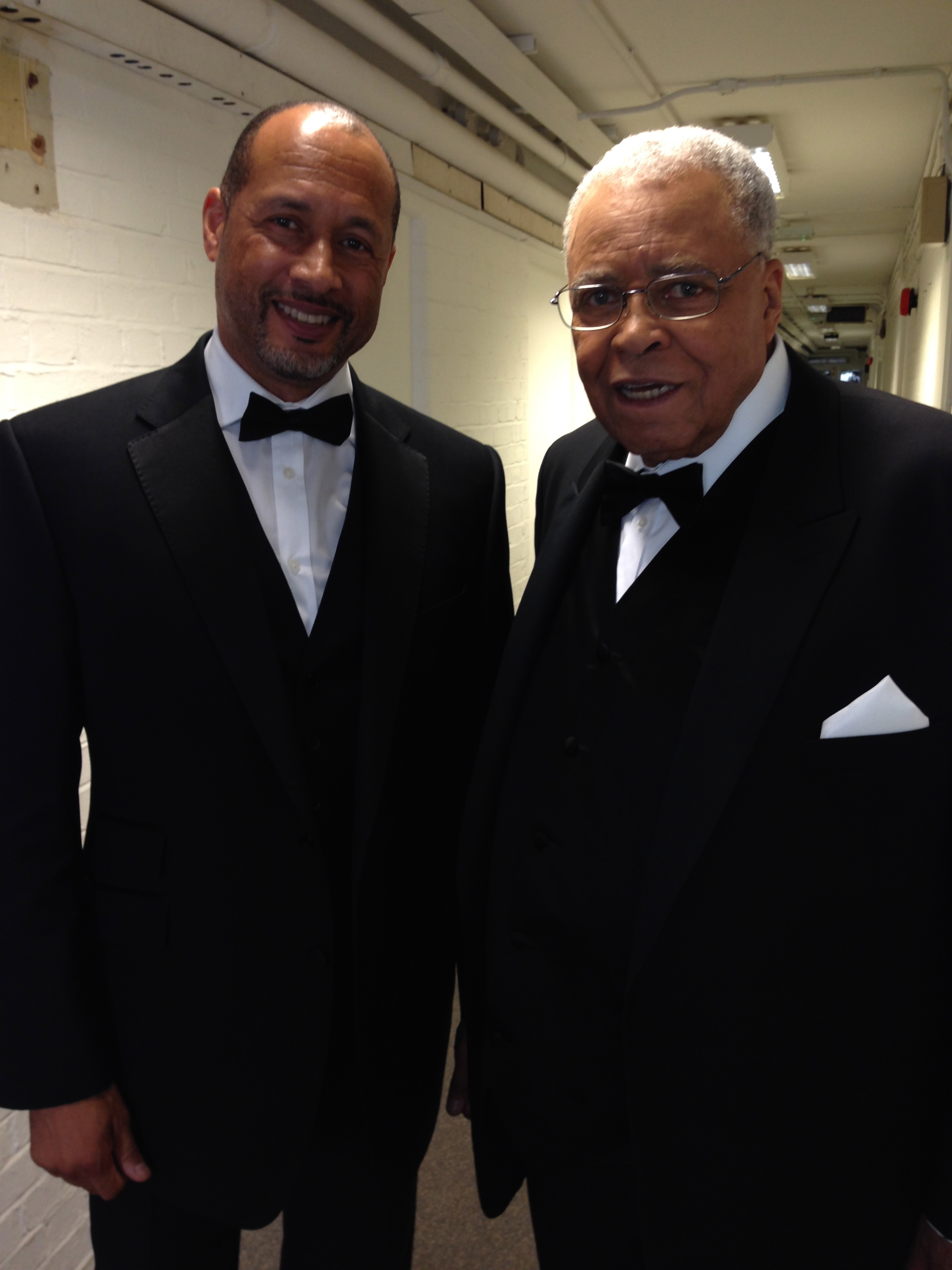 Mark Holden with James Earl Jones on the set of a Sprint commercial in London 2013.