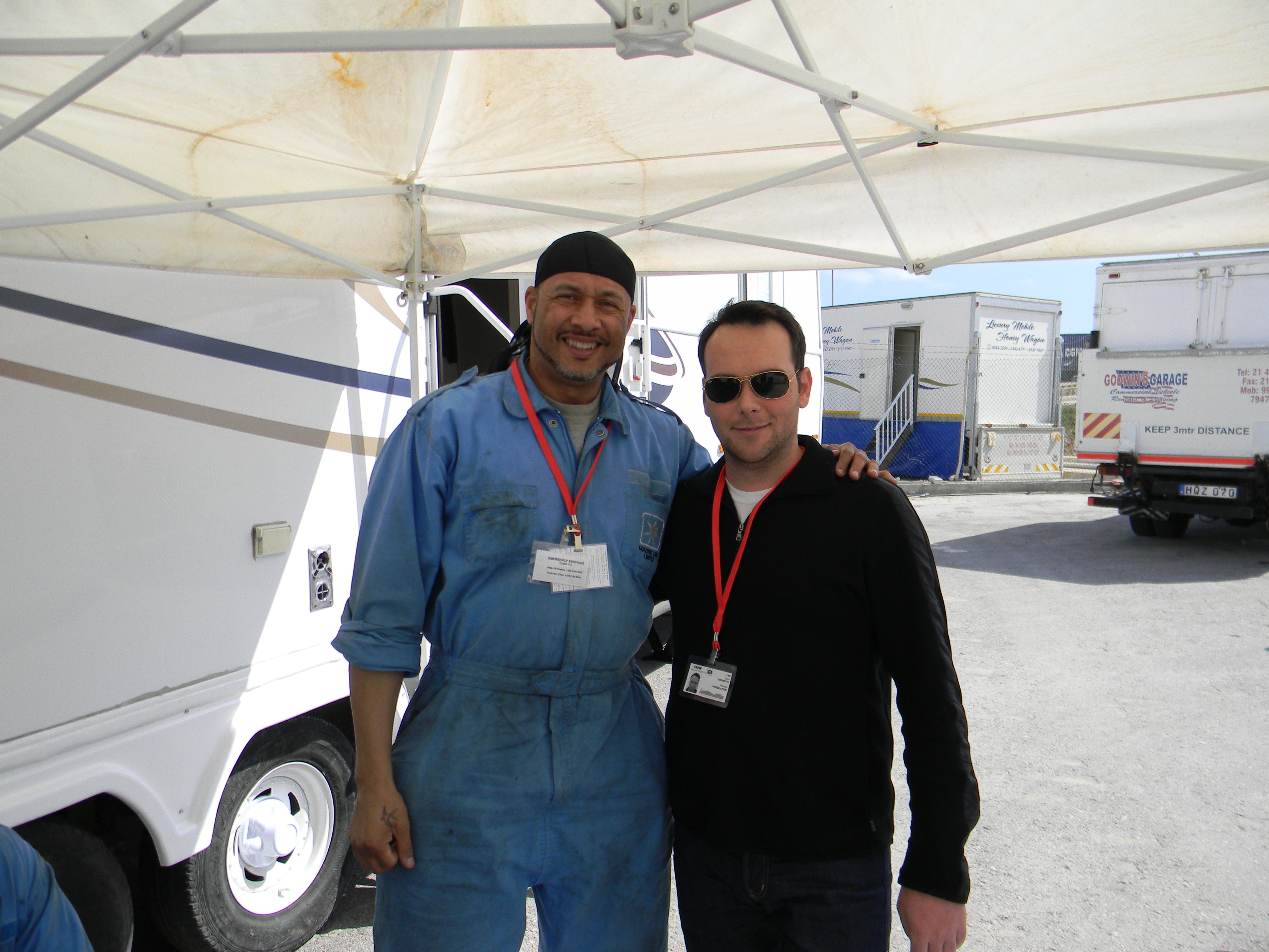 Mark Holden with Dana Brunetti on the set of Captain Phillips in Malta. 2012