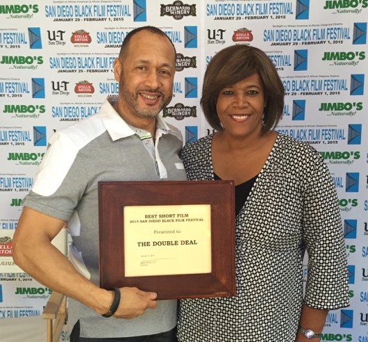 Mark Holden receiving Best Short Film award for THE DOUBLE DEAL from the San Diego Black Film Festival director Karen Huff-Willis